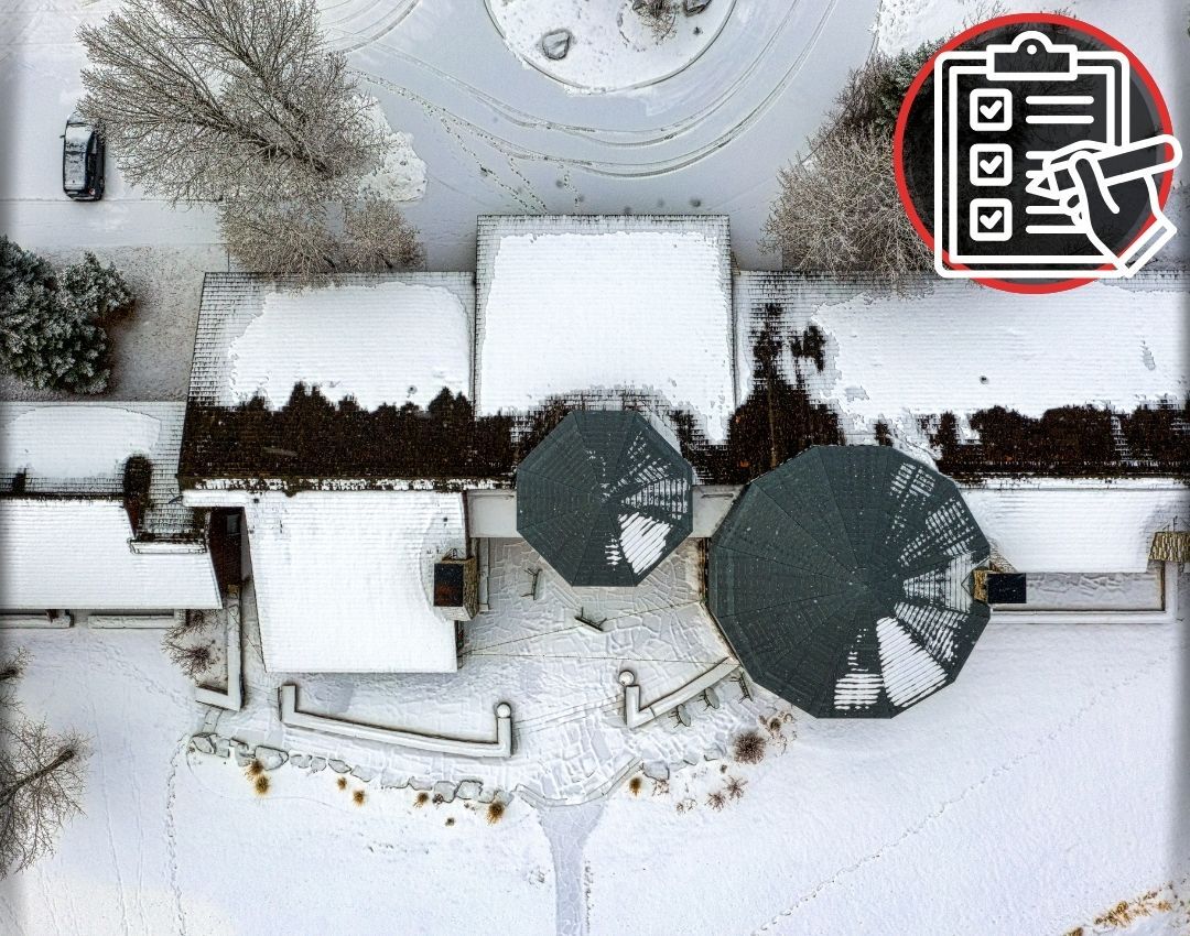 Icon of checklist being checked and an Image of a snow covered home from a drone view
