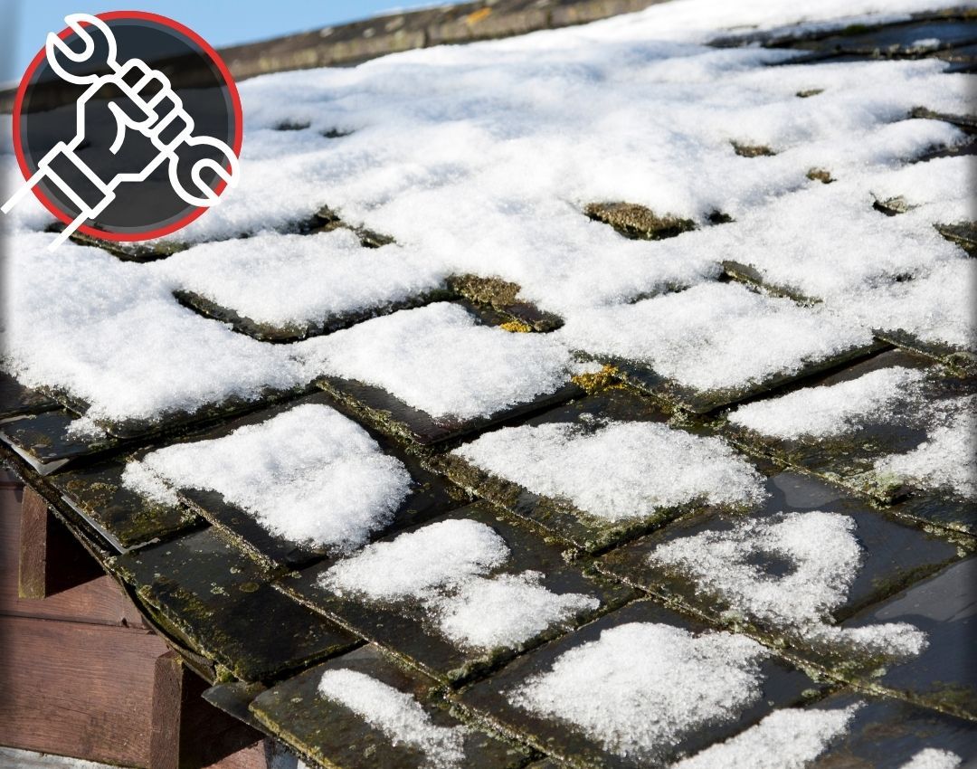 Icon of a hand with a wrench and an Image of old roof tiles wet, drooping and covered in snow