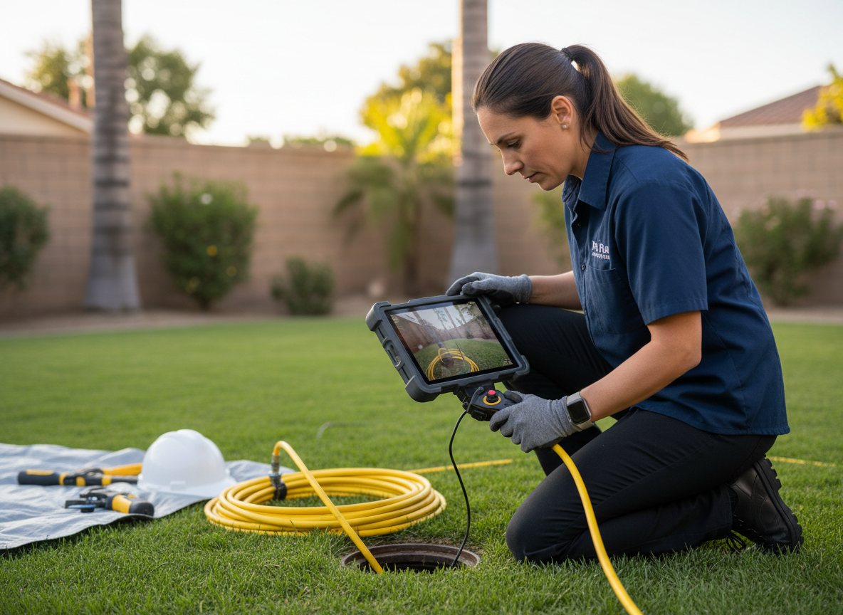 A female technician kneels on a lawn, inspecting underground pipes using a camera system with a tablet display and yellow cable. Woman performing pipe inspection with camera and tablet