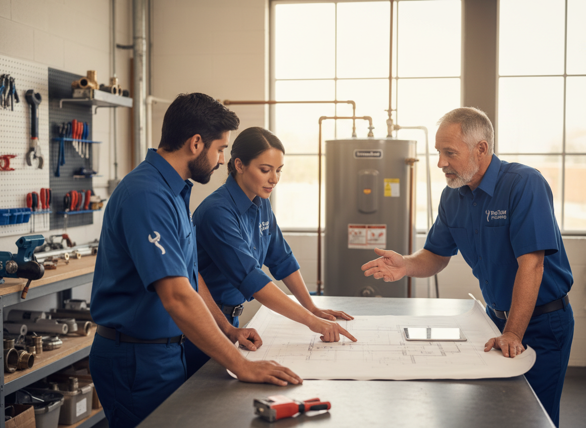 Three plumbers in blue uniforms, two young and one older, discuss a large blueprint on a workbench with a tablet. Plumbing team reviews blueprints in workshop