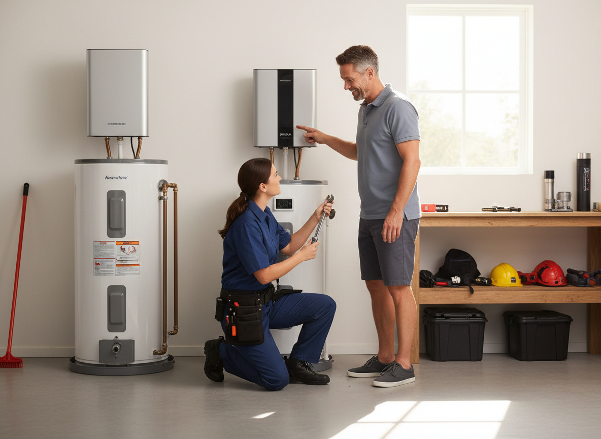 A female plumber kneels, working on a water heater, while a male homeowner points to another unit, receiving an explanation in a garage. Technician explaining water heater to homeowner