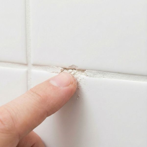 finger presses against deteriorating, crumbling white grout