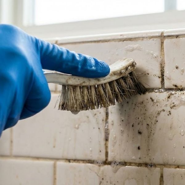 glove hand scrubs grout lines with a brush