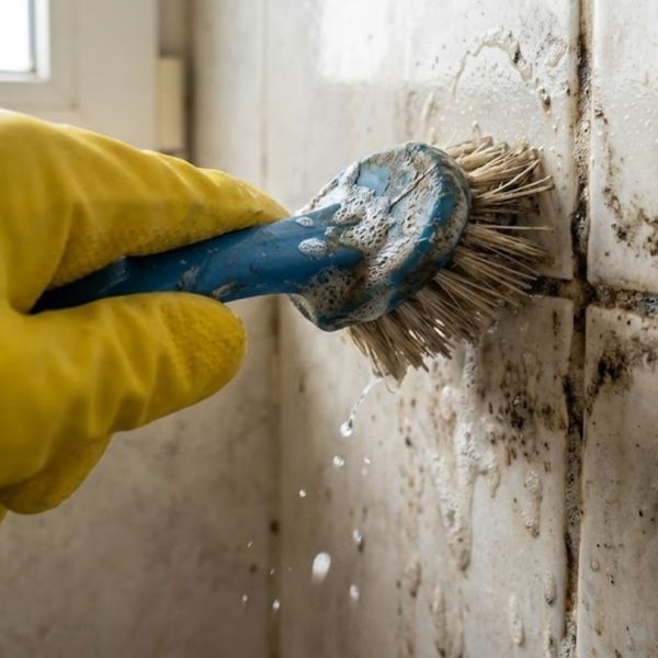 gloved hand manually scrubbing a heavily soiled grout line