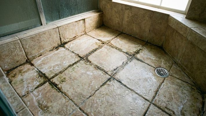 tiled shower floor showing significant discoloration and darkening along the grout lines