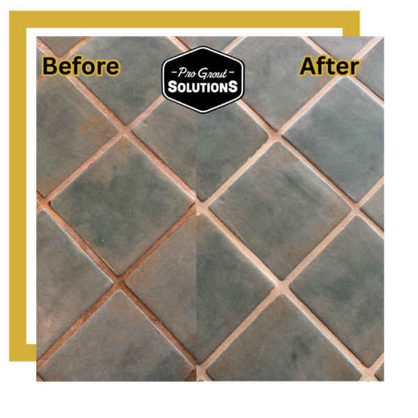 Before and after grout color sealing on green tile floor