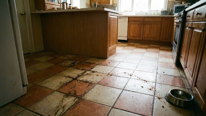 a residential kitchen floor showing soiled tile and discolored grout lines
