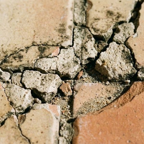 damaged and eroded grout texture between neutral-colored floor tiles