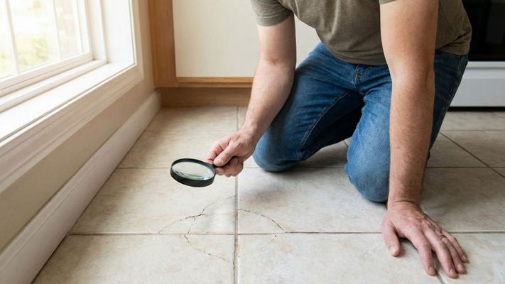 person kneels on a tiled kitchen floor, examining cracks in the grout with a magnifying glass