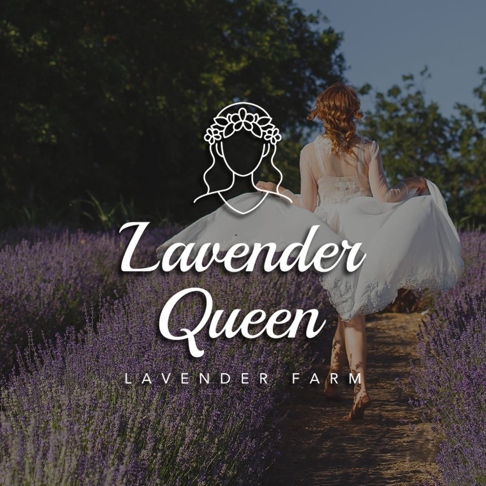 Woman in lavender field with Lavender Queen Lavender Farm logo superimposed over it