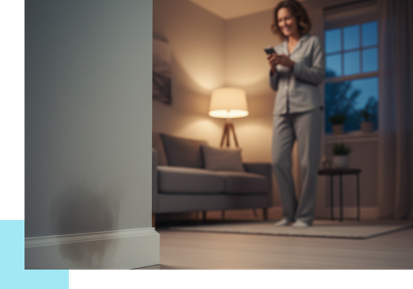 A blurry background shows a woman in pajamas using her phone while a prominent water stain is visible on the baseboard and drywall in the foreground.