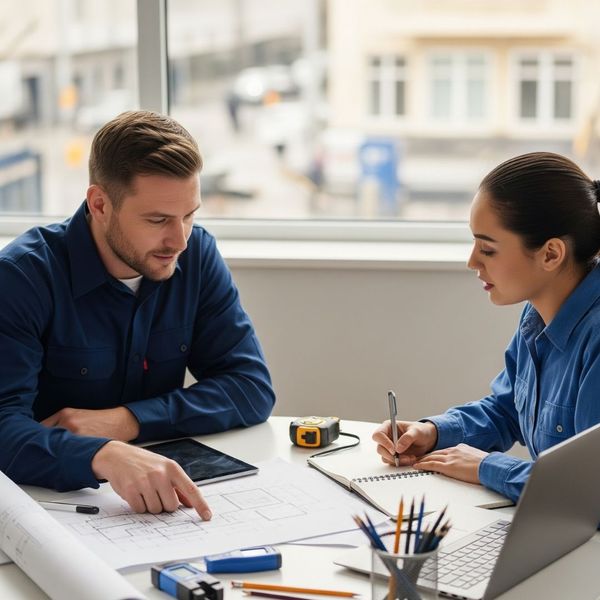 HVAC technicians planning at a table