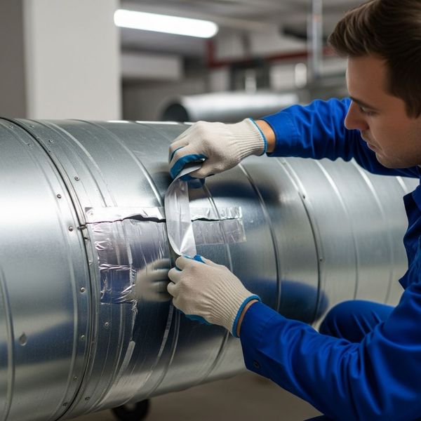 A technician sealing a leaky duct with silver tape