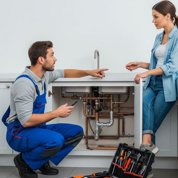 A technician explaining a plumbing system to a homeowner