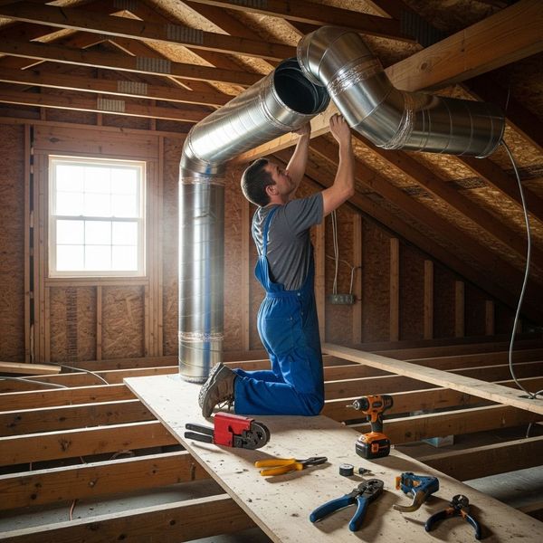 A technician installing new ductwork in a home