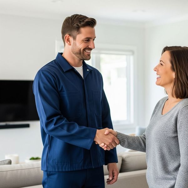 A professional technician shaking hands with a happy customer