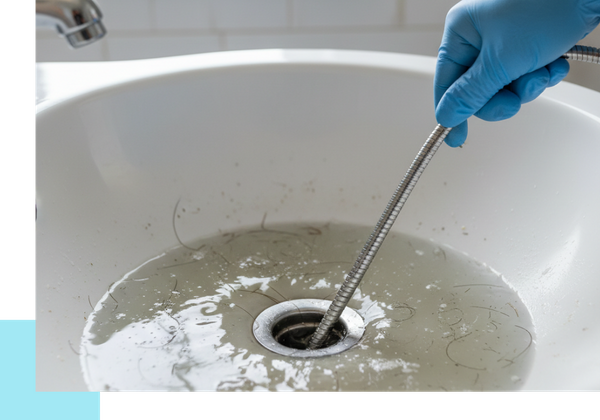 A gloved hand feeds a plumbing snake into a white bathroom sink filled with murky, standing water and loose hair.
