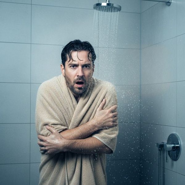man freezing in cold shower wrapped in blanket