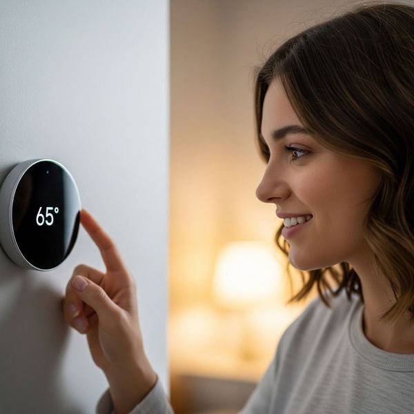 A young woman checking her smart thermostat while smiling