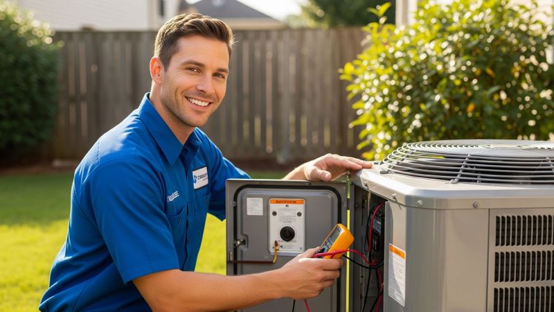 A technician smiling while inspecting an HVAC unit