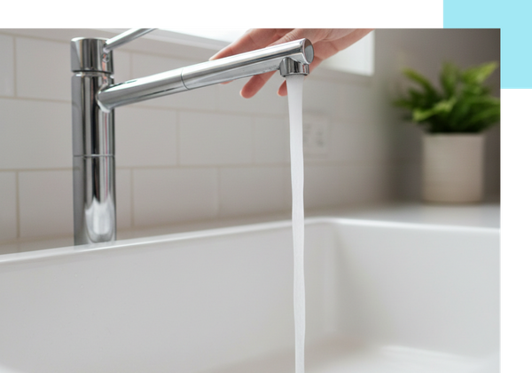 A side profile of a high-arc chrome faucet with a steady stream of water flowing into a clean white sink.