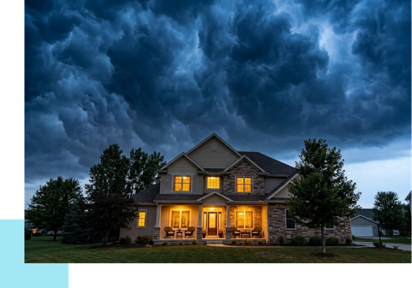 house with lights on with stormy skies above