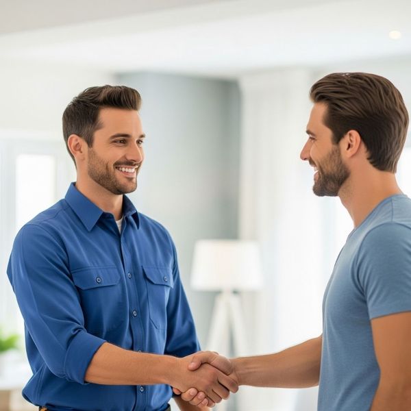 A professional technician shaking hands with a happy customer