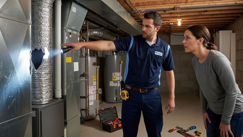 An HVAC technician pointing out a duct leak to a homeowner