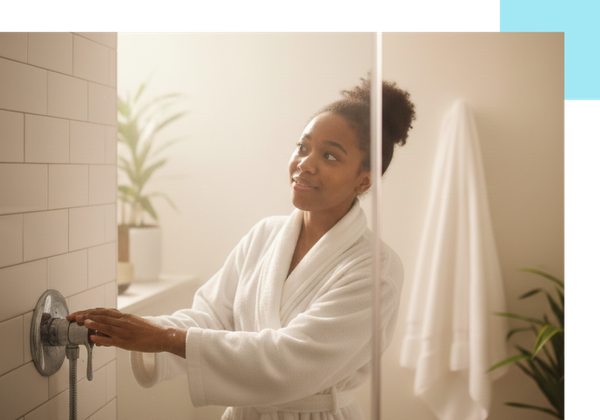 A woman in a white bathrobe reaching for the temperature control handle in a bright, modern shower with white subway tiles.