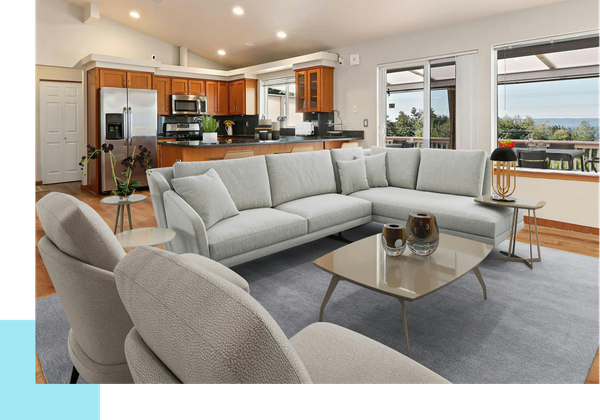 open airy living room, modern furniture