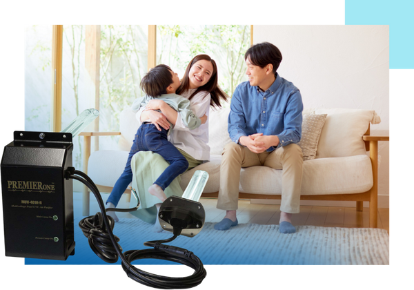 happy family in bright airy living room, PremierOne system
