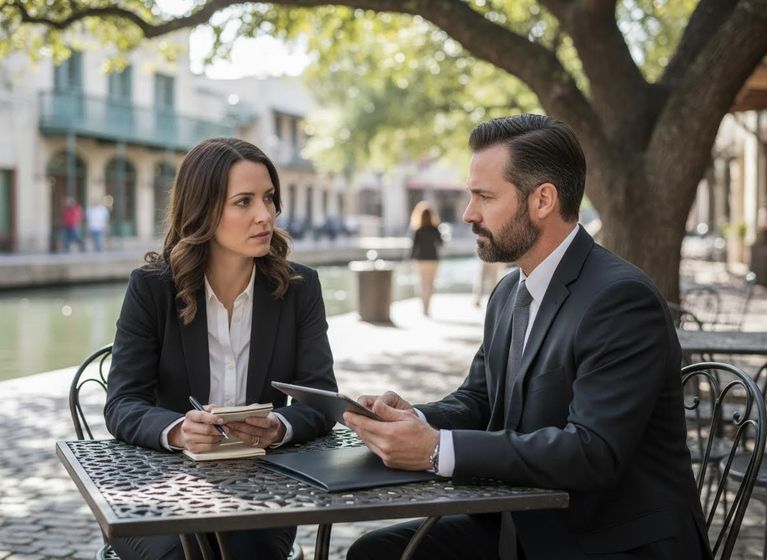 Business meeting outdoors by a canal