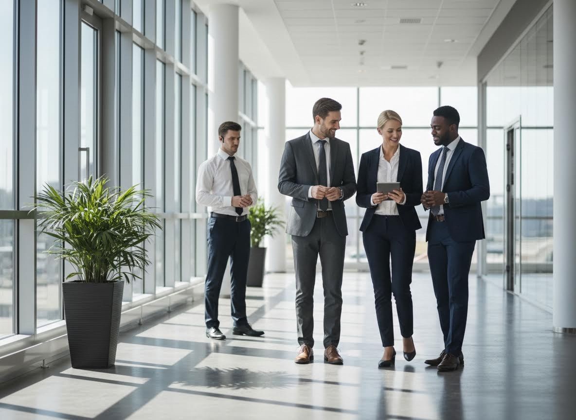 Business Colleagues in Modern Office Hallway