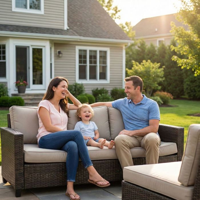 A happy family of three relaxing and laughing on patio furniture in a sunny backyard.