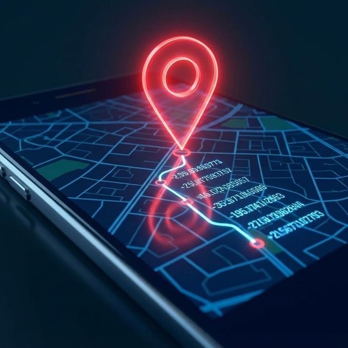 Smartphone screen showing a digital map with a glowing GPS location trail.