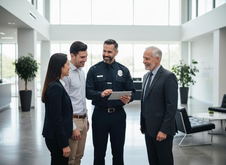 security guard talking to people
