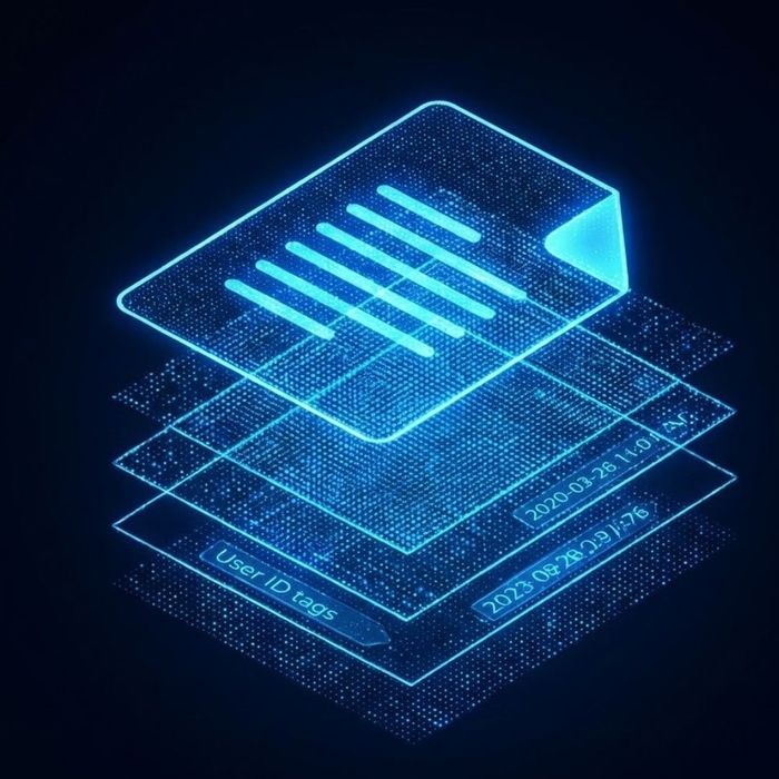 Illustration of a digital document icon deconstructing to show layers of hidden metadata.