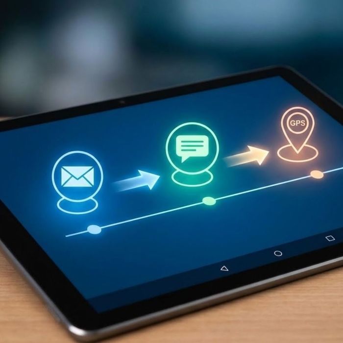 Tablet displaying a chronological digital timeline of email, text, and GPS events.