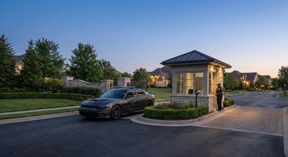 Wide shot of a gated community entrance at twilight with a security vehicle and officer.