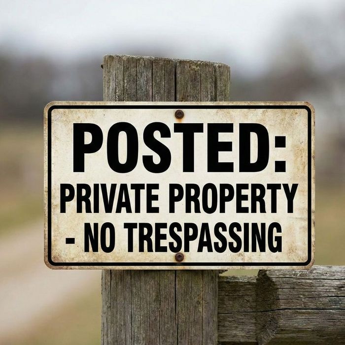 A "No Trespassing" sign on a fence marking private property boundaries.