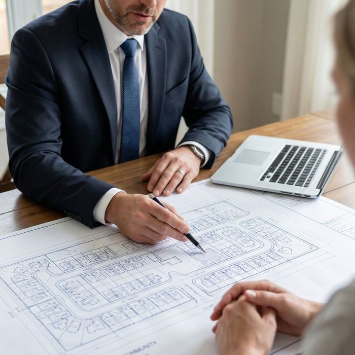 A security consultant in a suit pointing at a residential community blueprint map during a meeting
