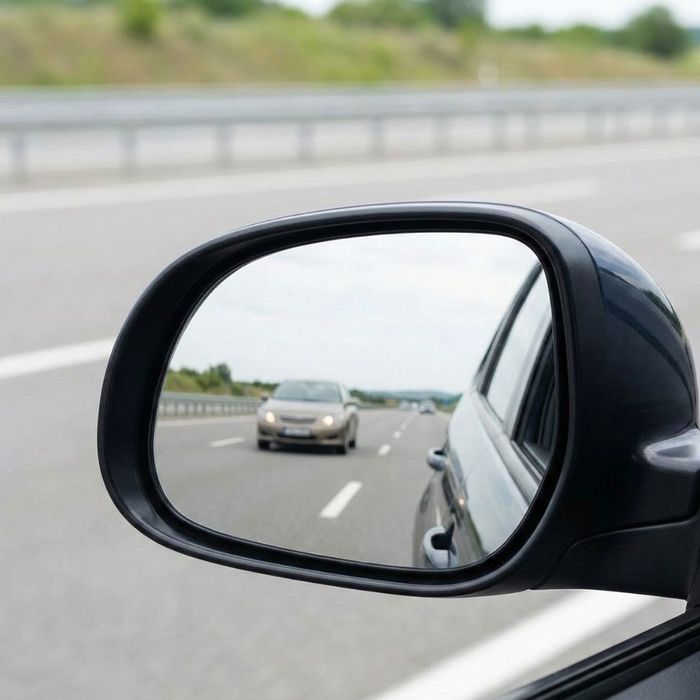 A reflection in a car mirror showing a vehicle following at a safe distance.