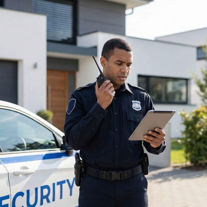 Security officer using a two-way radio and tablet next to a patrol car in front of a house.