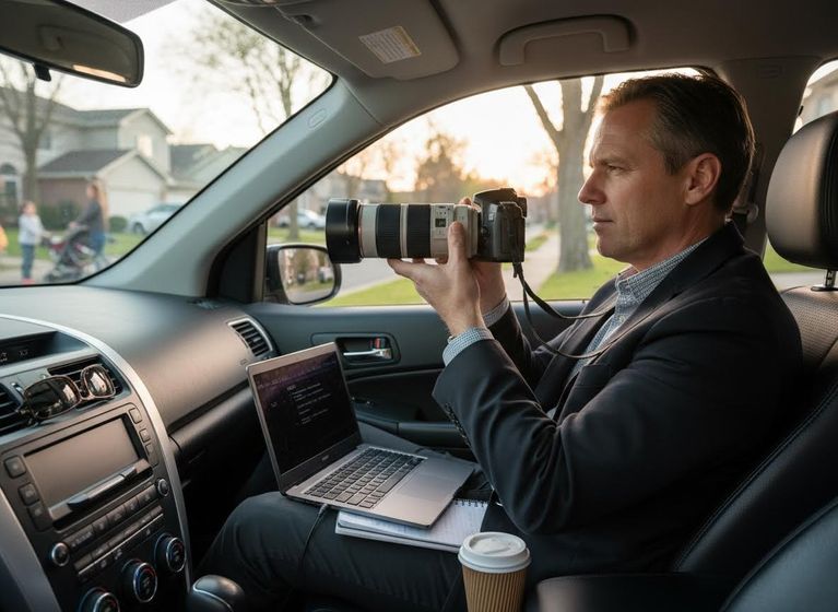 Man in car using a DSLR camera with telephoto lens