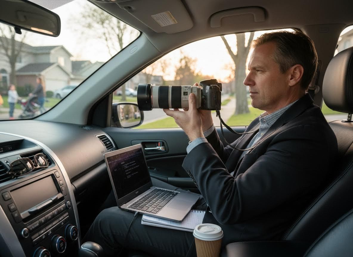 Man in car using a DSLR camera with telephoto lens