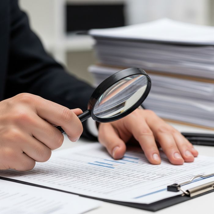 Hands examining a financial spreadsheet with a magnifying glass, symbolizing detailed financial investigation. Divorce Investigations1.jpeg