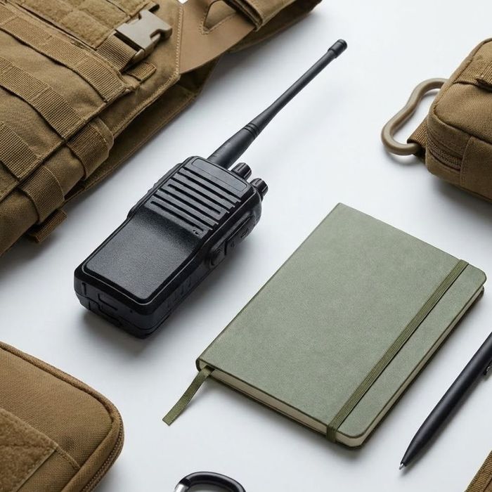 Close-up of organized tactical gear, a radio, and a notebook symbolizing preparation.