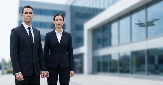 Two professional security experts from Reveles Intelligence Group standing outside a corporate building.