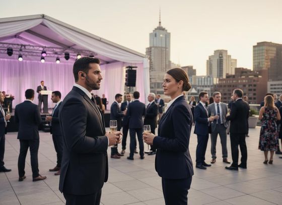 Man and Woman Conversing at a Rooftop Business Event