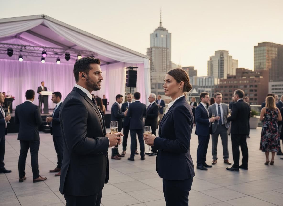 Man and Woman Conversing at a Rooftop Business Event